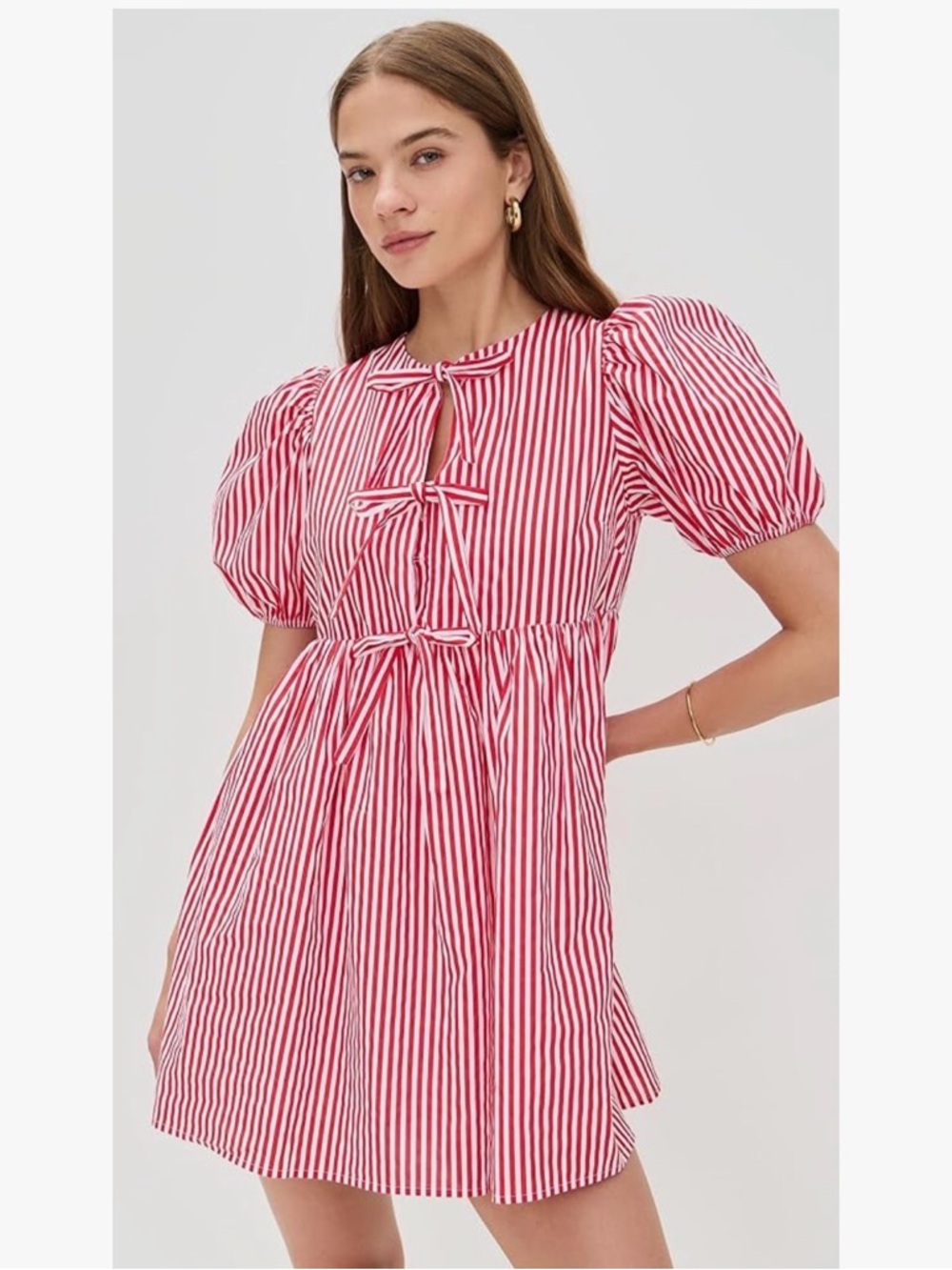 English Factory Red & White Striped Tie-Front Puff Sleeve Mini Dress - Picture 2 of 10